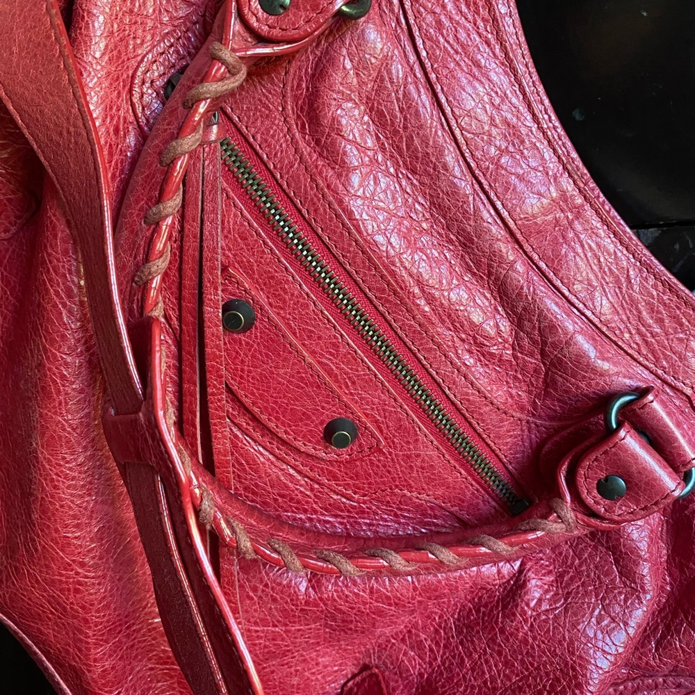 EUC red genuine leather moto city bag
